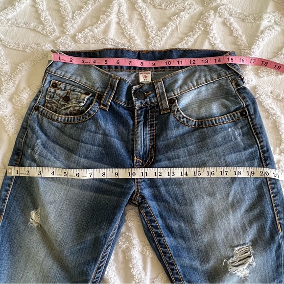 True Religion Big T Straight Flap Red Orange Stitch Distressed Denim Blue Jeans - Picture 14 of 16